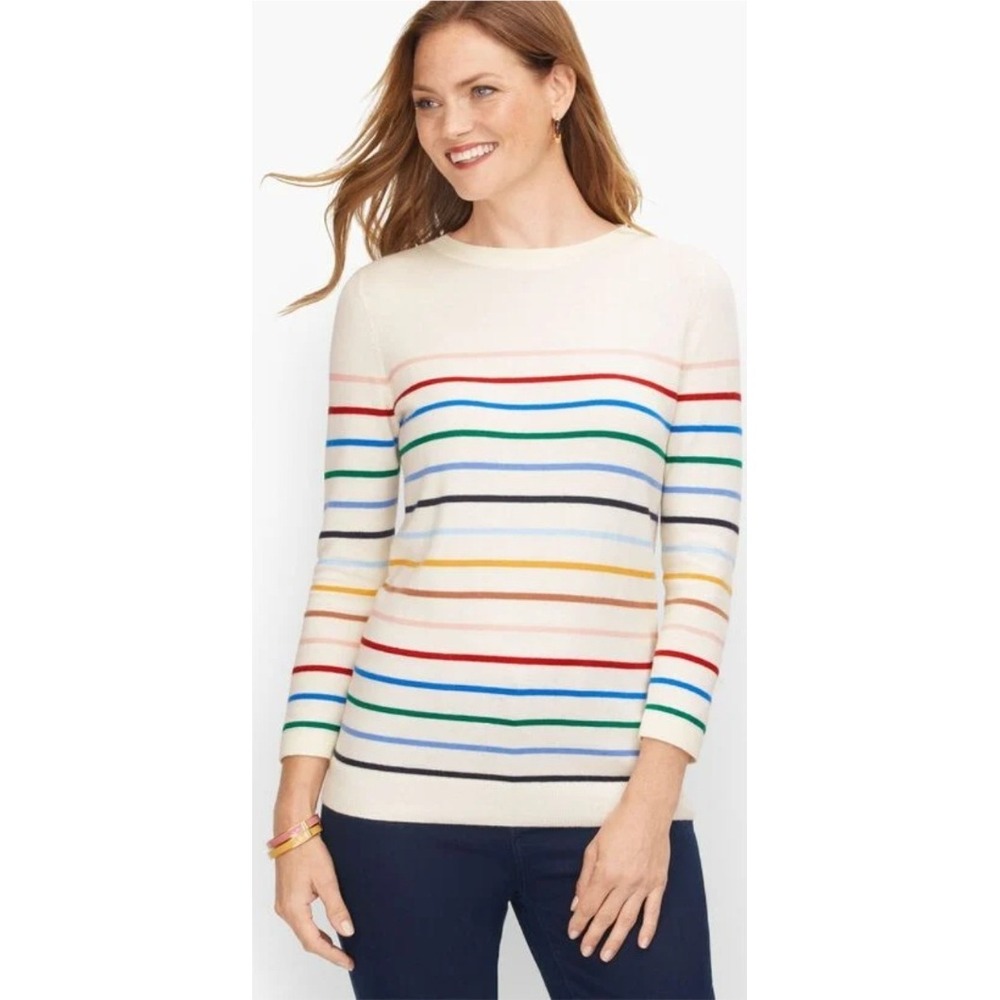 Talbots Breton Cream Multi Stripe Crew Neck Long Sleeve Sweater Size Small